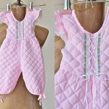 70s Vintage Pink Quilted Prairie Baby Romper by Evy of California Corset Lace Up Caped Ruffled Sleeves Lace Trim Smocking Snaps Adj Straps 
