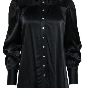 Frame - Black Satin Button-Up Collared Blouse Sz S