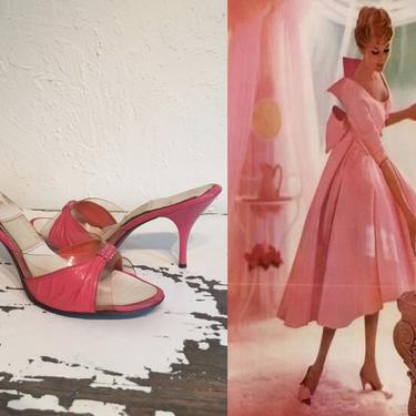 Pink It's All Good With Pink - Vintage 1950s 1960s Rose Pink Leather &amp; Vinyl Springolators Sandals Heels Shoes - 8.5B 