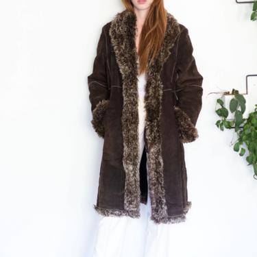 1980s Marvin Richards Brown Suede + Shearling Princess Coat with Faux Fur Lining and White Contrast Stitching sz M L Penny Lane 