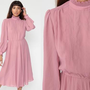 Dusty Pink Dress Midi Puff Sleeve Dress 80s Secretary Dress 70s High Waisted PLEATED 1980s Vintage Knee Length Slouchy Small Medium 