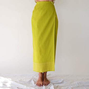 Vintage 60s Fluorescent Yellow Green Sharkskin Gabardine Wrap Skirt w/ Metallic Gold Tribal Brocade Design | Bohemian | 1960s Wrap Skirt 