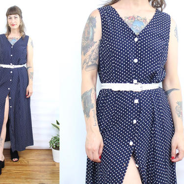 Vintage 90's Navy Blue Polka Dot Midi Dress / 1990's Button Up Rayon Midi Dress / Minimalist market Dress / Women's Size Medium Large by Ru