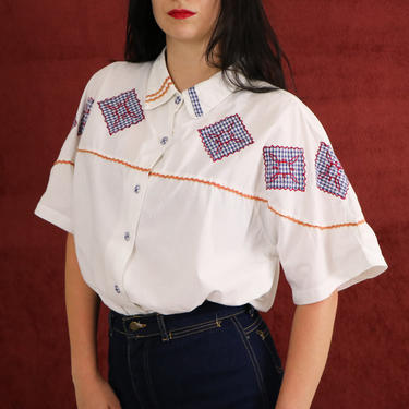 1990's Cotton Embroidered Blouse/1990's Oversized Blouse/1990's Plus Size Blouse/1990's Cotton Blouse/1990's Embroidered Blouse/90's Blouse 