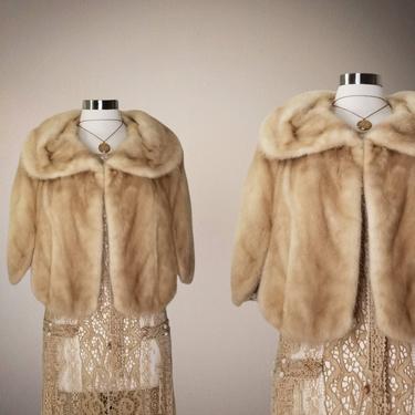 Vintage Fur Stole, Medium / Blonde Mink Stole / 1960s Fur Wrap Coat / Vintage Fur Cape with Pockets / Short Wide Collar Fur Evening Coat 