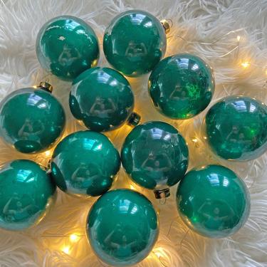 Vintage Set of 12 Green Glass Ornaments // Green Christmas Tree Bulbs // Green Holiday Ornament // Vintage Christmas Decor - G3 