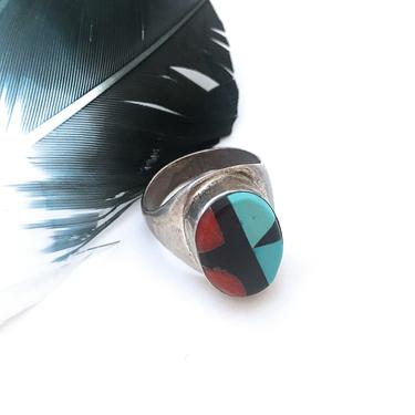 RING AROUND Vintage Silver Mens Ring | Turquoise, Jet &amp; Coral Inlay Ring | Zuni Native American Style Jewelry, Southwestern Boho | Size 11 