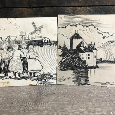 Antique Dutch Drawings, Artist Signed, Black Pen, Quill, Countryside Scene, Dutch Children 