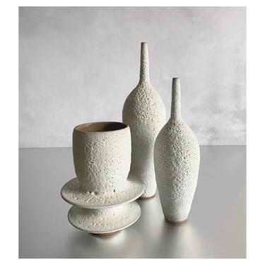 SHIPS NOW- Set of 3 Stoneware Vases with a Textural White Crater Glaze by Sara Paloma.  white bud vases rustic mid century modern decor lava 