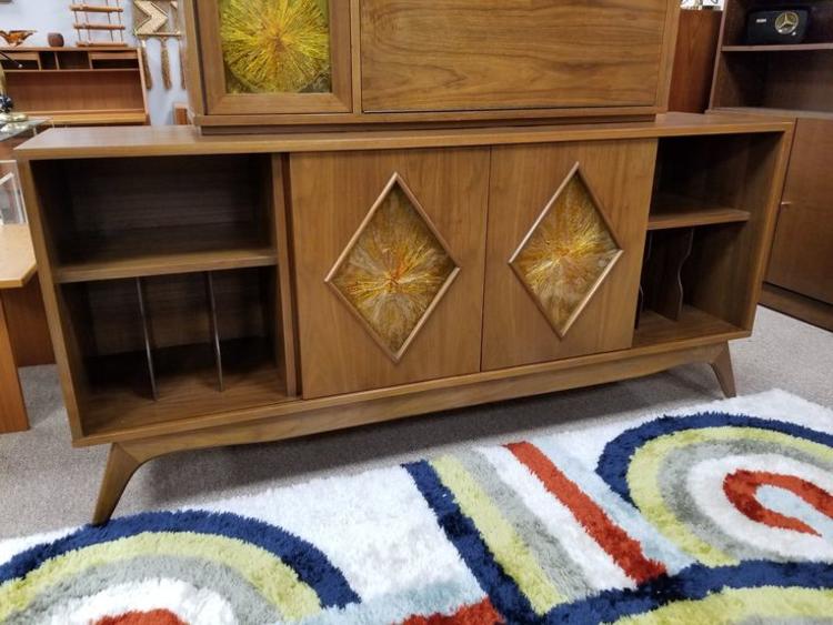 Mid-Century Modern backlit wall unit with drop front bar and media storage