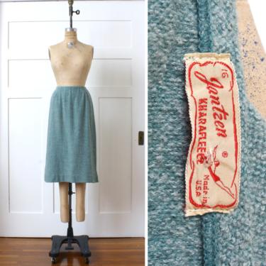 vintage 1950s knit Jantzen Kharafleece pencil skirt • fuzzy textured boucle wool in light teal green 