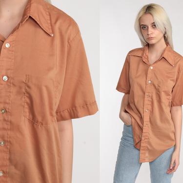 70s Button Up Shirt Men 1970s Vintage Brown Shirt Plain Oxford Collared Shirt Short Sleeve Plain Nerd Seventies Medium Large 
