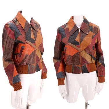 70s patchwork leather bomber jacket M / vintage 1970s brown multicolor patchwork zip fish scale jacket coat 
