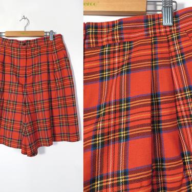 Vintage 80s Xmas Plaid High Waist Pleat Front Trouser Shorts Size 14 L 