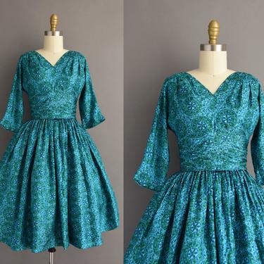 1950s vintage dress | Gorgeous Turquoise Blue Silk Abstract print Sweeping Full Skirt Dress | XS Small | 50s dress 