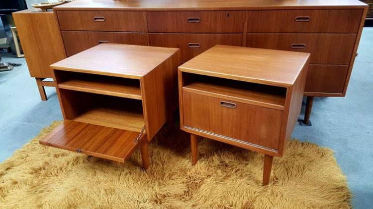 Danish Modern pair of teak nightstands with drop front storage by Falster