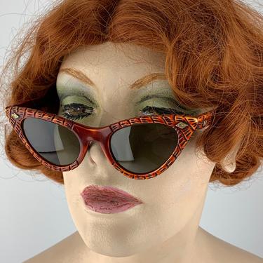1950'S Vintage Cat Eye Sunglasses - Carved TIKI Styling Plastic Frames - Optical Quality - New UV Sunglass Lenses 