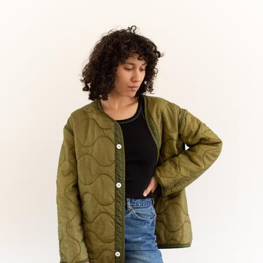 Vintage Green Liner Jacket | White Buttons | Wavy Quilted Nylon Coat | L | LI105 