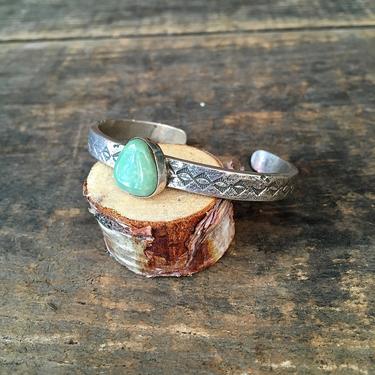 SMALL n STURDY Vintage Silver and Green Turquoise Cuff | Thick Stamped Design Bracelet | Native American Style Jewelry, Southwestern, Boho 