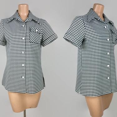 VINTAGE 60s 70s MOD Black and White Houndstooth Tunic Top | 1970s Blouse With Side Slits Butterfly Collar | Bogart of Texas | Sz 14 XL 
