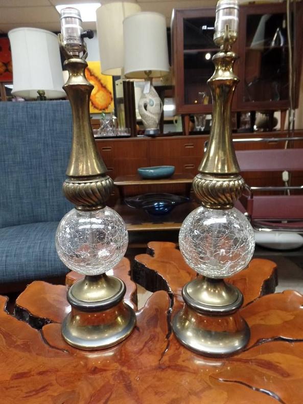 Pair of vintage regency brass and glass lamps