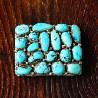 Vintage Signed BP Sterling Navajo Chunky Turquoise Cluster Belt Buckle, Rectangular Buckle Set With 19 Turquoise Stones, 2 1/2&quot; W 