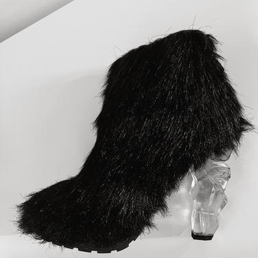 Vintage CHANEL Black Fantasy Fur ICICLE Heels RUNWAY Boots Booties Sz 38 us 7.5 - 8 