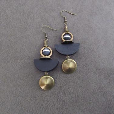 Black wooden earrings, modern dangle earrings, artisan earrings, bold statement earrings, unique earrings, contemporary, Tibetan agate 