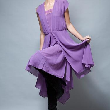 sheer dress purple, camisole dress, lace layer midi flowy vintage 70s M - Medium 