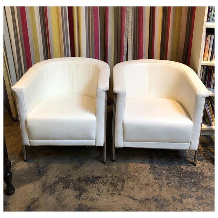 Bellini white leather lounge chairs. 4 available 28” W x 26” D x 28” H
