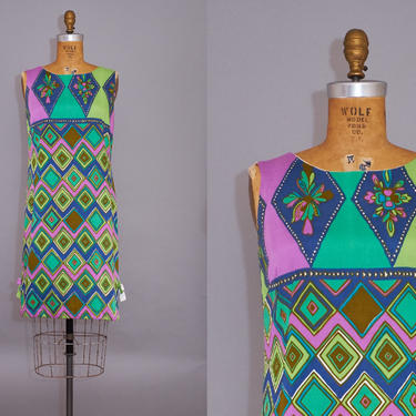 60s Dress Multicolored Geometric Sleeveless Cotton Shift Dress 