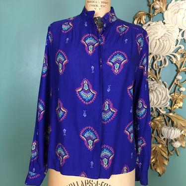 1980s shirt, purple rayon blouse, fan print, Wyndham, vintage shirt, button up, size medium, secretary style, jewel tone, 34 bust, novelty 