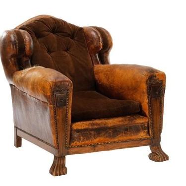 SOLD. Antique Distressed Leather English Cigar Club Chair w/Drawers | c. 1900