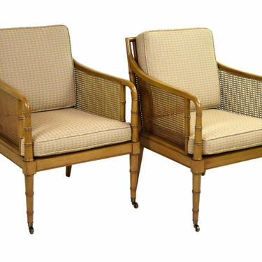 Pair Hickory Chair Company Regency Style Faux Bamboo Caned Arm Chairs 