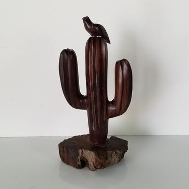 Vintage Hand-Carved Wood Cactus Sculpture. 