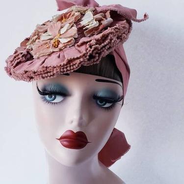 1940s Pink Flower Hat Silk Satin Ribbon / 40s Spring Summer Cocktail Hat Mauve Rose by Laurelie 
