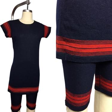 Vintage 1920s Navy and Red Wool 2-piece Bathing Suit 