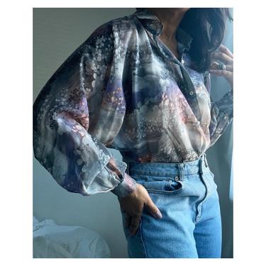 vintage 70s favorite watercolor abstract print sheer abstract puff sleeve blouse 