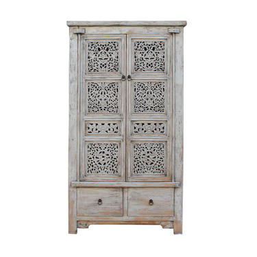 Chinese Distressed Off White Relief Carving Armoire Storage Cabinet cs5418E 