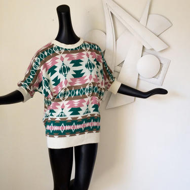 Southwest 80s Sweater Vintage 1980s Indian Blanket Navajo Aztec Pendleton Style Dolman Batwing Sleeve Tunic Sweater Pink Green Hipster Top M 