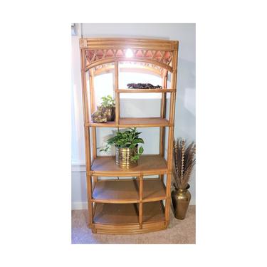 FREE SHIPPING! Vintage Rattan Shelf Etagere with Lighting, Boho Bamboo Bookshelf, Wicker Shelf, MCM Shelving Unit, 