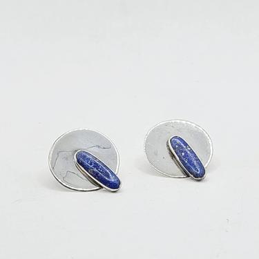 Modernist Sterling Silver Round Lapis/Sodalite Blue Stone Pierced Earrings 