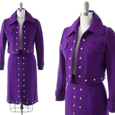 Vintage 1970s Skirt Set | 70s Brass Studded Knit Purple Wool Cropped Jacket &amp; High Waisted Skirt Suit (medium) 