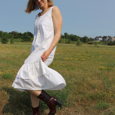 Vintage White Cotton Dress / Sleeveless Ruffle Skirt Midi Shift / 90's Beaded Sun Dress S/M 