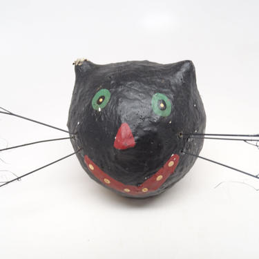 Vintage Halloween Black Cat Head, Paper Mache with Hand Painted Face, Party Decor 