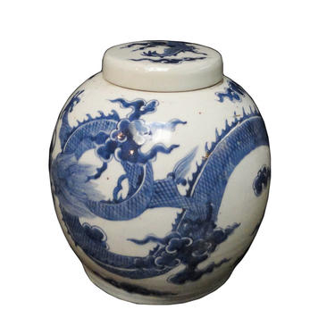Chinese Vintage Medium Dragon  Blue &amp; White Porcelain Ginger Jar cs1001bE 