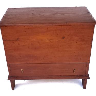 1850's Antique New England Country Farmhouse Cherry Blanket Mule Chest Dresser Single Drawer Storage Cabinet Bracket Feet Hinged Top 