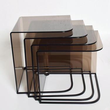 Mid Century Modern Set of Four Nesting Tables Smoke Lucite & Iron 