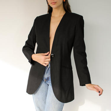 Vintage 80s Christian Dior Black Wool Gabardine Single Button Broad Shoulder Blazer | Made in USA | 1980s DIOR Designer Minimalistic Jacket 