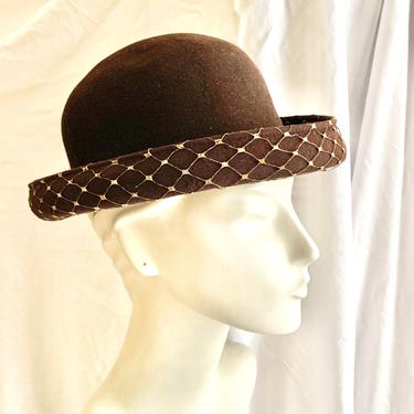 Wool Hat, Gold Mesh Netting, Derby Style, Bowler, Vintage 60s 70s 